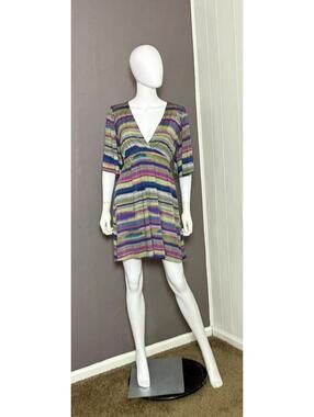 Y2K Rainbow Chevron Print Minidress Bell Sleeve Jersey Fabric by Veronica M.